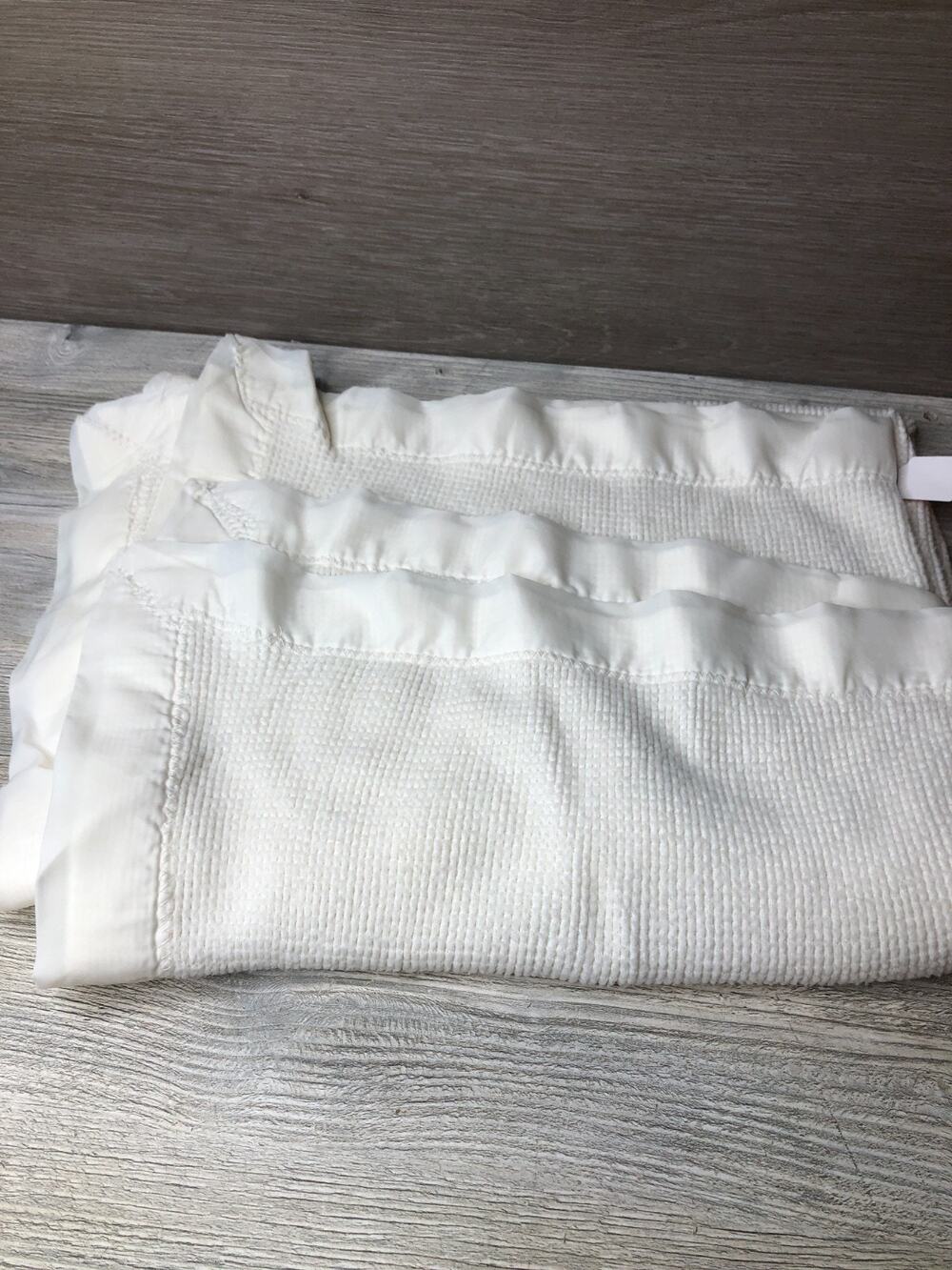 Baby Blanket Waffle Weave Ivory Satin Trim 35 X 46" Vintage Thermal
